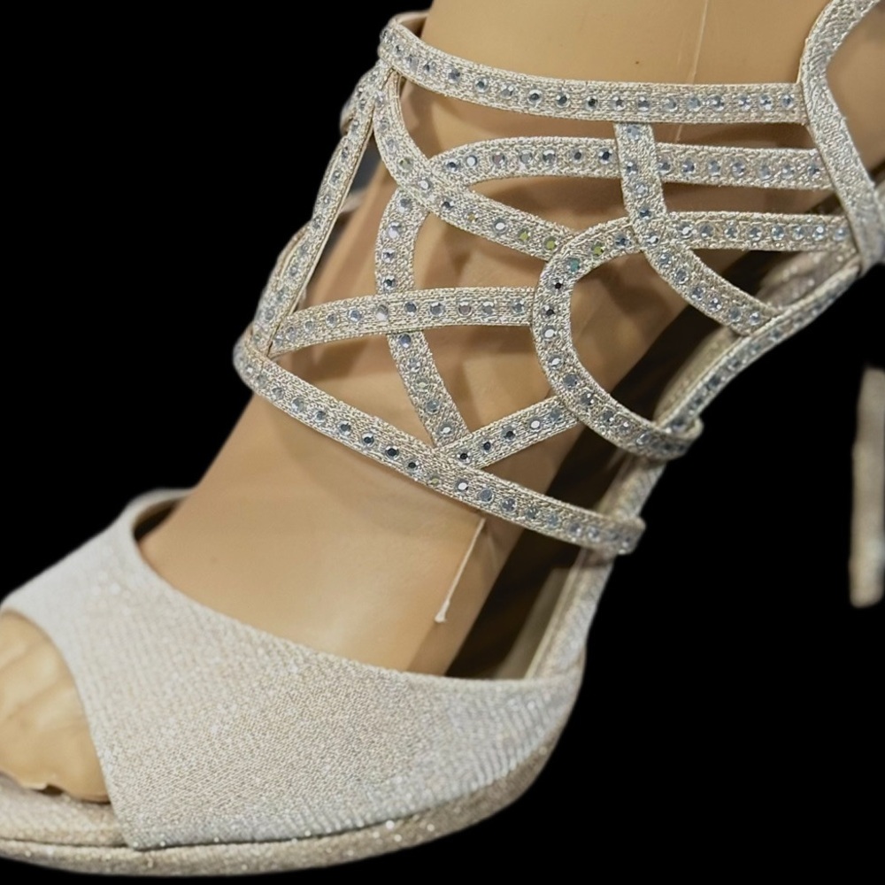 Caparros Gold Silver Rhinestone Open Toe Ankle Strap Strappy 4” Heels Size 7.5 - Picture 16 of 16